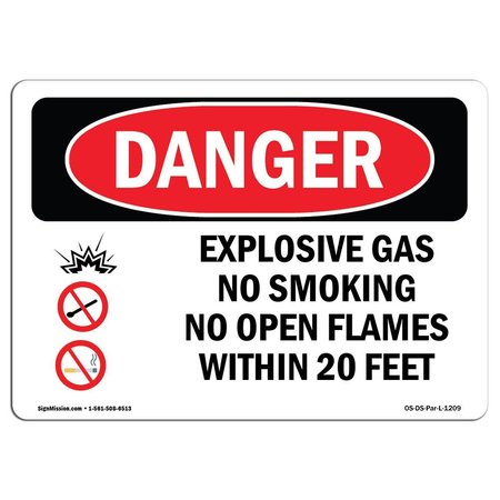 SIGNMISSION OSHA Danger Sign, 7" Height, 10" Width, Aluminum, Explosive Gas No Smoking Within 20 Feet, Landscape OS-DS-A-710-L-1209